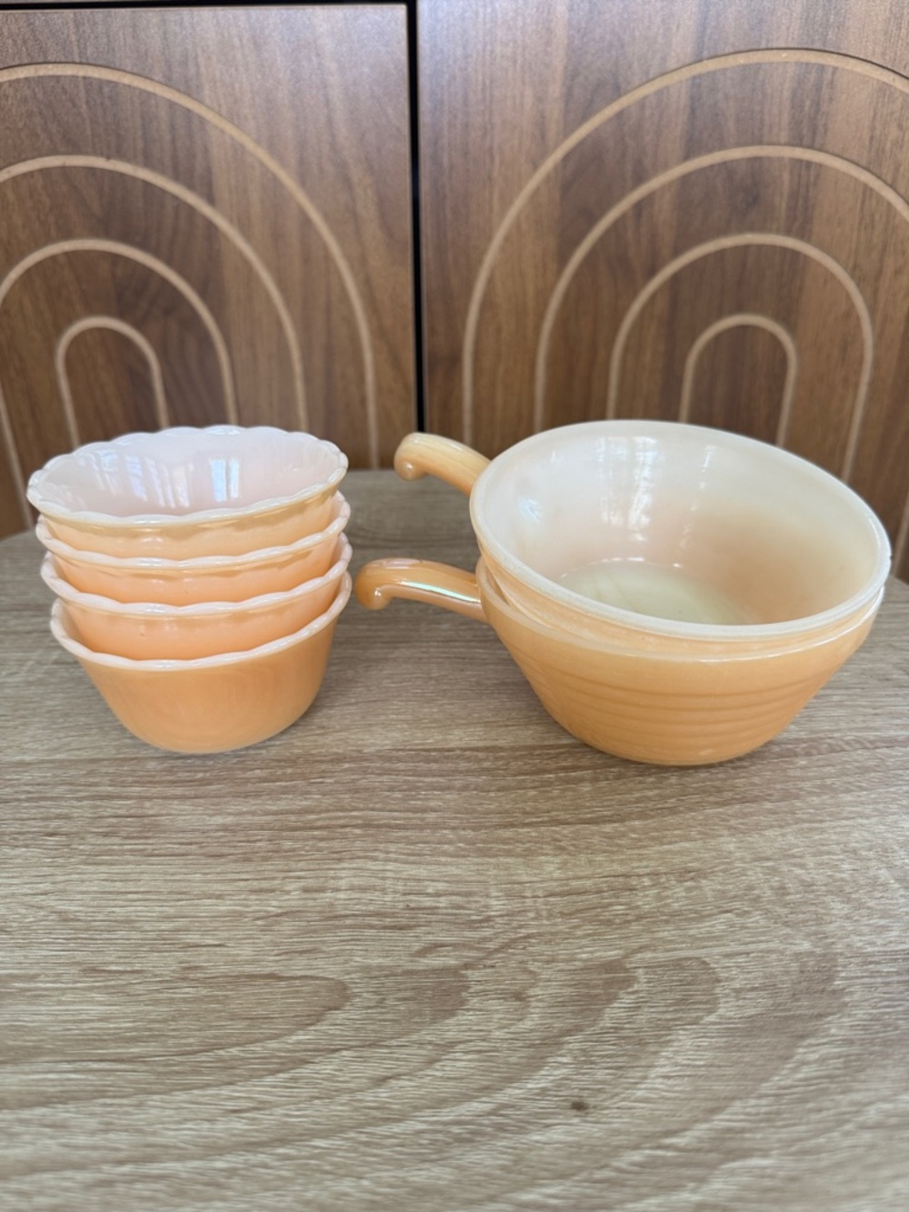 Vintage Fire King Peach Lustre Glass Soup and Custard Bowl Set‎